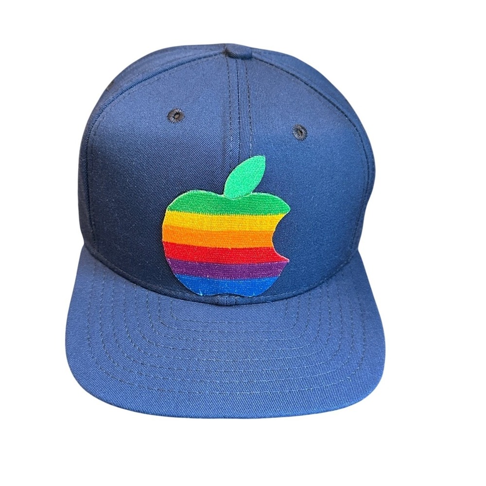 Apple Computer Rainbow Logo New Era Snapback Hat Wool Blue Made in USA 90's VTG